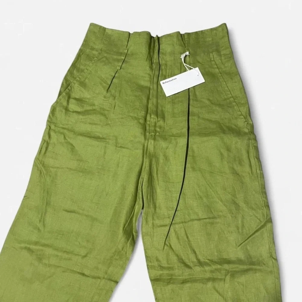 reformation nwt high rise 100% linen green paper bag business dress pants 2
